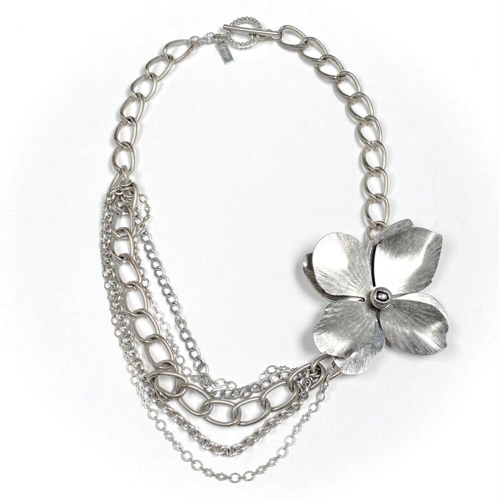 Jessica Simpson Magnolia Necklace Silver Tone Swag Statement Flower Chunky Chain